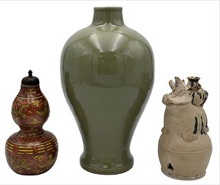 Three Piece Assorted Group, to include a Chinese celadon glazed vase, height 14 1/2 inches; a Southeast double gourd vase, height 9 inches; and a figu