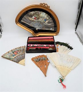 Group of Victorian and Chinese Fans, Watteau painted fan in shadowbox frame, 17" x 22"; two Chinese fans in black lacquer boxes, along with four other