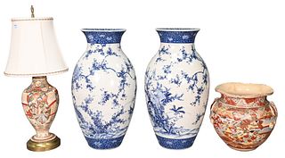 Four Piece Lot, to include a pair of Japanese porcelain vases, early 20th century, each of ovoid form, decorated with birds and flowering branches, he