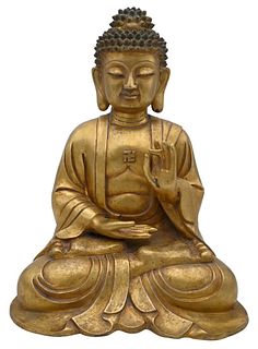 Large Chinese Gilt Bronze Seated Buddha Figure, seated with legs crossed, height 16 inches.