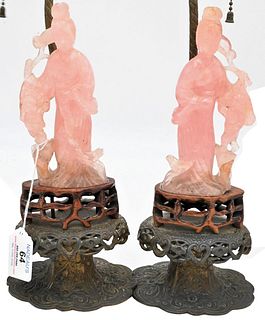 Pair of Carved Pink Quartz Figures of a Guanyin, standing figure wearing a robe, holding a child on carved base, made into table lamps, height 18 inch