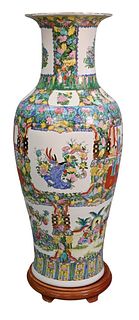 Large Palace Size Chinese Porcelain Vase, having painted panels and blossoming flowers, height 45 inches.