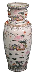 Large Chinese Porcelain Vase, having painted birds and lotus flowers, height 37 inches.