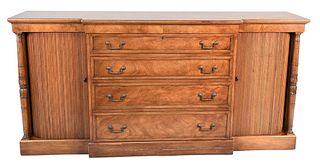 Mahogany Credenza, having four drawers flanked by tambour doors and columns, height 34 1/2 inches, top 19" x 72".