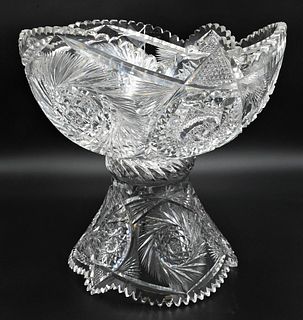 Two Piece Cut Glass Large Punch Bowl on Stand; along with a cut glass vase, height 12 3/4 inches, diameter 14 inches. Provenance: Estate of Florence Y