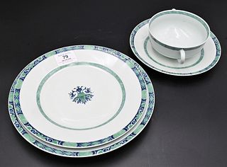 67 Piece Raynaud Limoges Porcelain Dinnerware Set, green and blue, to include 12 cream soups, 12 cream soup underplates, 12 bread and butter plates, 1