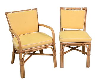 Set of Six Bielecky Brothers Rattan Chairs, to include two arm and four side, along with cushions.