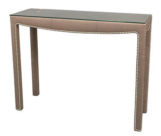 Contemporary Upholstered Hall Table, having tack edge, height 3 1/2 inches, top: 15" x 43". 