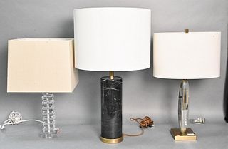 Group of Three Table Lamps, to include two glass and one marble, height 25 inches.