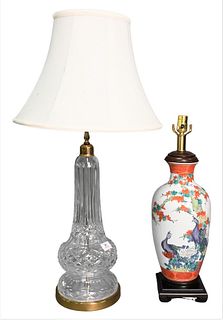 Three Piece Lot, having two table lamps to include a large Waterford crystal and a porcelain Oriental style, tallest 34 1/2 inches; along with a large