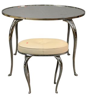 Two Piece Lot, to include a chrome mirrored top oval desk, height 30 inches, top 32" x 42"; along with a matching stool having leather upholstered top