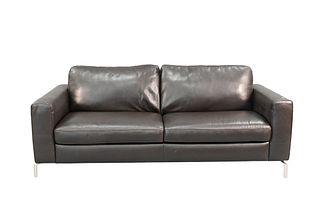Brown Leather Upholstered Sofa, having metal legs, height 32 inches, length 80 inches.