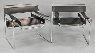 Pair of Marcel Breuer Wassily Style Chairs, having leather upholstery and chrome frames, height 29 inches, width 31 inches, depth 26 inches.