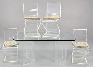 Five Piece Lucite Dining Set, to include bevelled glass top table on two part lucite base; along with four lucite Z chairs, height 30 inches, length 6
