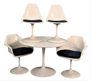 Knoll Style Saarinen Dining Set, to include a round table along with four chairs by Burke, height 27 1/2 inches, diameter 42 inches.