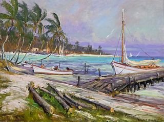 Robert Charles Gruppe (American, born 1944), "Yucatan Lagoon", oil on canvas, signed lower right, having Robert Charles Gruppe Gallery label on verso,