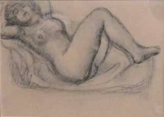 Attributed to Aristide Maillol (French, 1861 - 1944), reclining nude woman, lithograph, signed and with blind stamp lower right, 6 3/4" x 9".