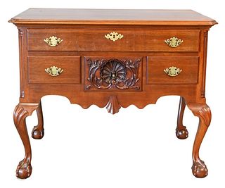 Custom Mahogany Chippendale Style Lowboy, having shell carving on ball and claw feet, attributed to Margolis Shops, height 29 1/2 inches, cabinet widt