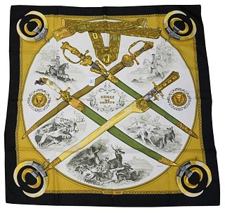 Hermes Paris "Armes De Chasse" Silk Scarf, 33" x 34". Provenance: Collections of Norma Reilly, New Jersey.
