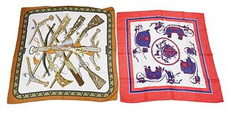 Two Hermes Silk Scarves, to include Diane, Paris silk scarf; along with a red, white and blue horse and carriage, 32" x 32". Provenance: Collections o