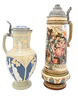 Two Mettlach Steins, cameo musician stein or wine jug, marked 2607; along with cavaliers in a wine cellar, marked 2176; tallest height 16 1/2 inches. 