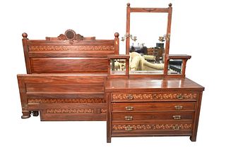 Attributed to Herter Brothers Aesthetic Two Piece Mahogany Bedroom Set, to include high back bed with sunflower crest and row of inlaid flowers, heigh