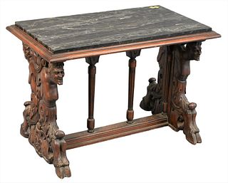 Walnut Table, having grey marble top, faun supports and clove foot, height 20 1/2 inches, top 17 3/4" x 30".