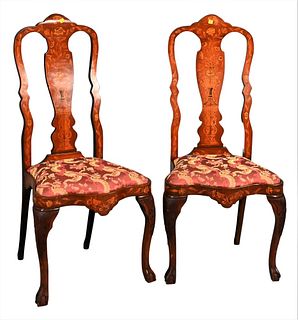 Pair of Marquetry Inlaid Side Chairs, having shaped upholstered seats, height 44 inches.