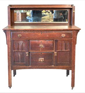 Oak Mission Style Sideboard, having mirror back, height 54 inches, width 48 inches, depth 22 inches.