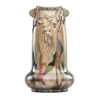 LEVY DHURMER (Attr.); MASSIER Rare vase w/ silver overlay