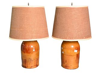 Pair of Brown Glazed Two Gallon Crocks, made into table lamps, lamp height 28 inches. Provenance: Estate of Florence Yannios, Waterfront Home, Guilfor