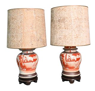 Pair of Chinese Ceramic Jar Table Lamps, having painted figures, height 31 inches, vase height 14 inches. Provenance: Estate of Florence Yannios, Wate