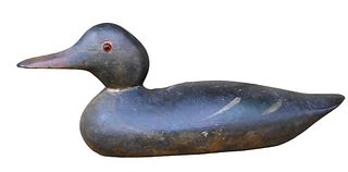 Joseph Husson Mason Black Duck Decoy, having glass eyes and original paint, length 15 1/2 inches.