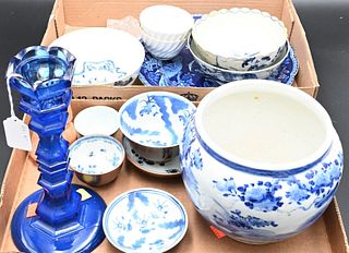 Two Tray Lots of Porcelain and Ceramic Items, to include Chinese porcelain vase, cups and saucers; Worcester bowl with painted Asian scene; Liverpool 