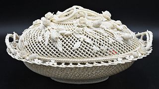 Large Oval Belleek Covered Basket, three strand, having reticulated cover and base with flower and leaf design, stick handles, impressed mark on botto