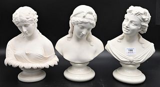 Three Belleek Porcelain Busts, height 10 inches. Provenance: Collections of Norma Reilly, New Jersey.