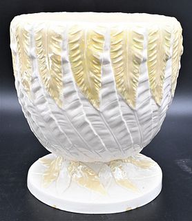 Large Belleek Fern Pattern Jardiniere or Pot, having black mark on bottom, height 9 3/4 inches. Provenance: Collections of Norma Reilly, New Jersey.