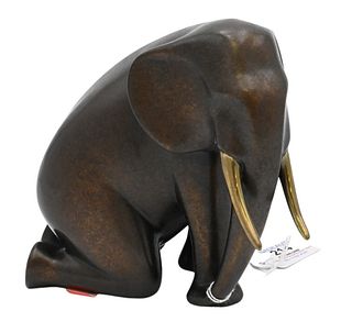 Loet Vanderveen Bronze Sculpture, kneeling elephant, signed Loet, edition #60/750, height 6 inches, width 8 inches, depth 4 inches.