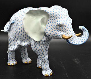 Large Herend Porcelain Elephant, blue fishnet pattern, marked for Herend, height 10 inches, length 15 inches.