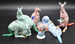 Five Herend Porcelain Figures, to include two kangaroo porcelain figures, green fishnet double figure, red fishnet figure, small elephant, blue seal/o