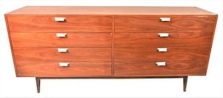 Jens Risom Style Mid Century Eight Drawer Walnut Chest, height 37 inches, length 72 inches, depth 18 inches.