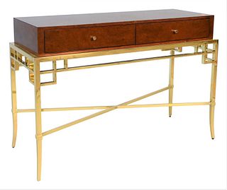 Bolier & Company Burlwood Table, on brass base, height 33 inches, top 19" x 48".