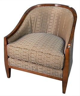 Swaim Upholstered Club Chair, satin walnut with Nsukka weave upholstery and duck down cushion, height 33 inches, width 29 inches.