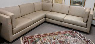 Contemporary Three Part Sectional Sofa, light tan upholstery, on walnut base, one piece is 111 inches long, the other is 72 inches long.
