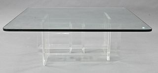 Mid Century Glass Top Coffee Table, having lucite base, height 16 1/2 inches, length 48 inches, width 48 inches.