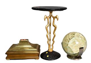 Group of Three Assorted Items, to include a Lucite acrylic crackle ball on chrome stand, height 13 inches; brass box; and a contemporary stand having 
