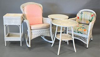 Five Piece Wicker Lot, to include sewing stand, two tables, rocker, along with an armchair. Provenance: An estate from Redding, CT.