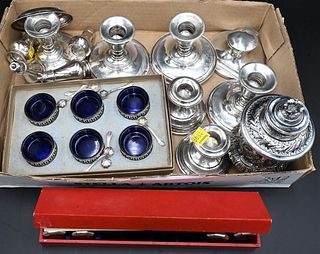 Tray Lot of Sterling Silver, to include six cobalt lined salts and spoons, candlesticks, shakers, inkwell, etc.