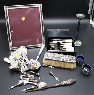 Sterling Silver Lot, to include frames, Tiffany repousse brush and button hook, set of 12 Gorham forks, coin spoons, etc., weighable 21.8 t.oz. weigha
