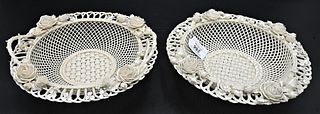 Two Round Belleek Baskets, each encrusted with flowers and one having twig handles, three strand and four strand, impressed mark on bottom, diameter 9